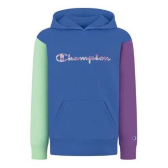 Champion Colorblock Hoodie M | Blue Green Purple Script Logo Fleece Sweatshirt - Picture 1 of 8
